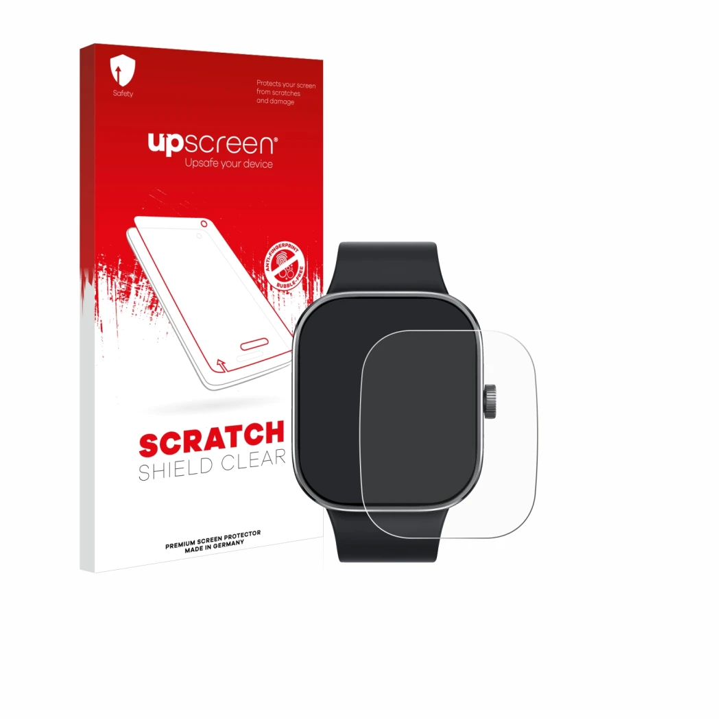 Face avant d’un emballage produit avec le logo de la marque upscreen. À côté, l’appareil Xiaomi Redmi Watch 4 est représenté a
