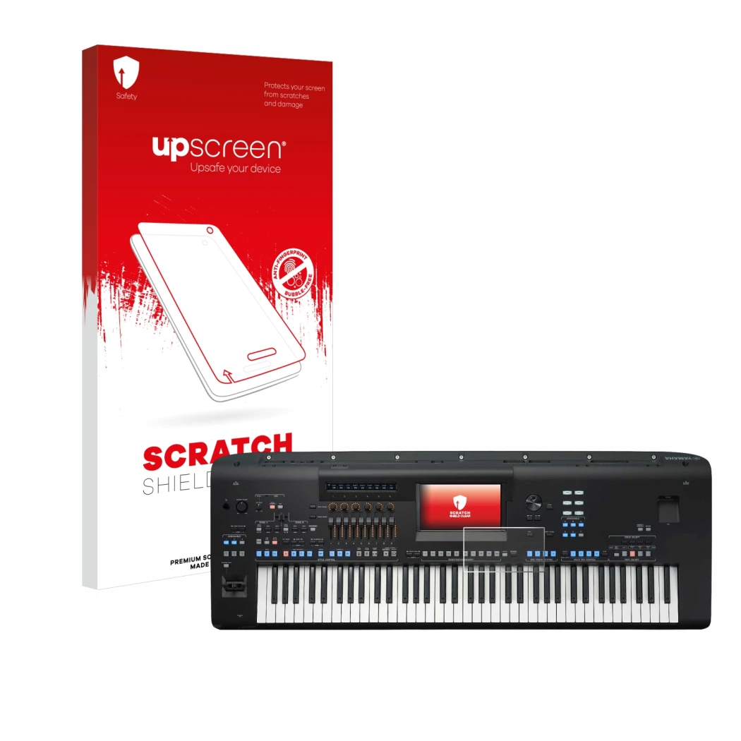 Face avant d’un emballage produit avec le logo de la marque upscreen. À côté, l’appareil Yamaha Genos2 est représenté avec la