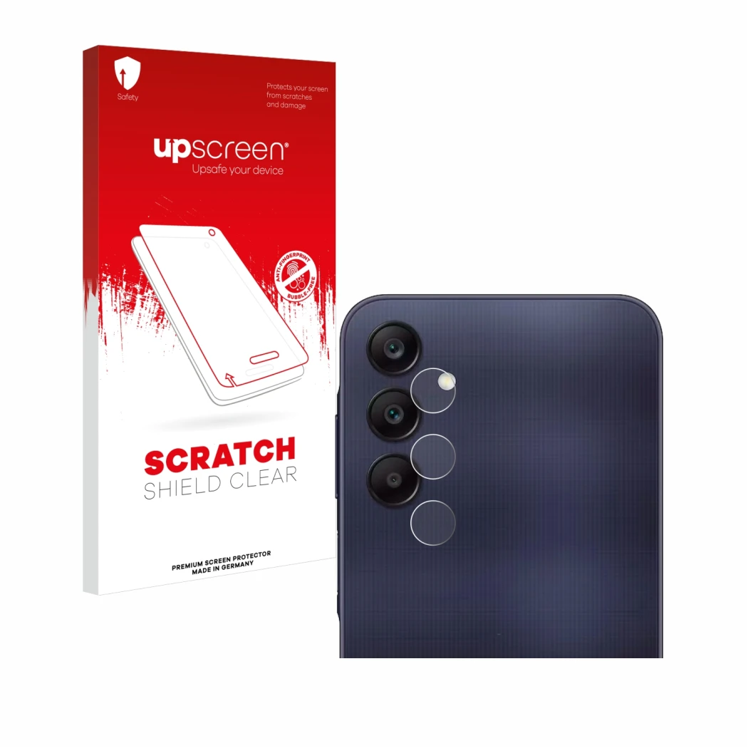 Face avant d’un emballage produit avec le logo de la marque upscreen. À côté, l’appareil Samsung Galaxy A25 5G (Caméra UNIQUEM