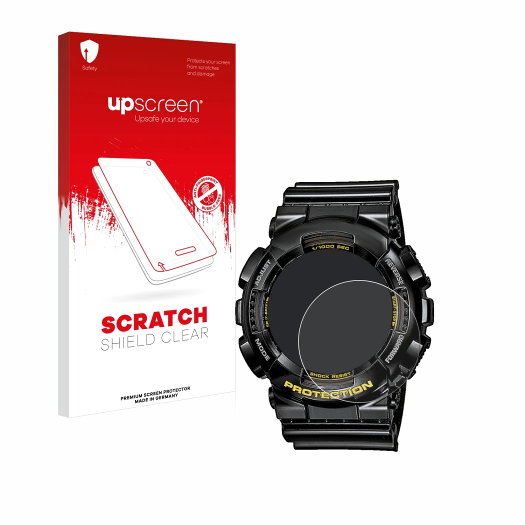 Face avant d’un emballage produit avec le logo de la marque upscreen. À côté, l’appareil Casio G-Shock GA-110GB-1A est représe