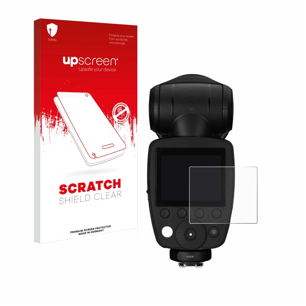 Face avant d’un emballage produit avec le logo de la marque upscreen. À côté, l’appareil Profoto A10 est représenté avec la pr