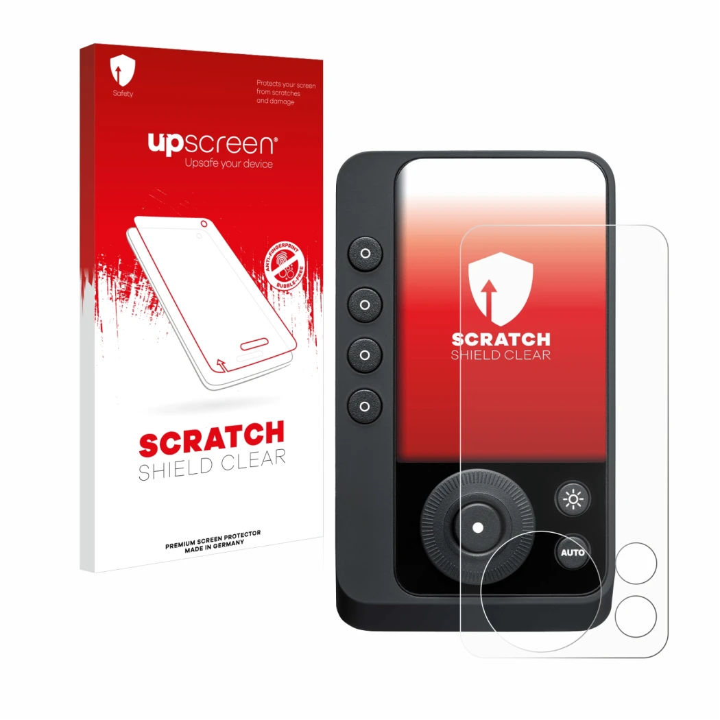 Face avant d’un emballage produit avec le logo de la marque upscreen. À côté, l’appareil Profoto Connect Pro est représenté av