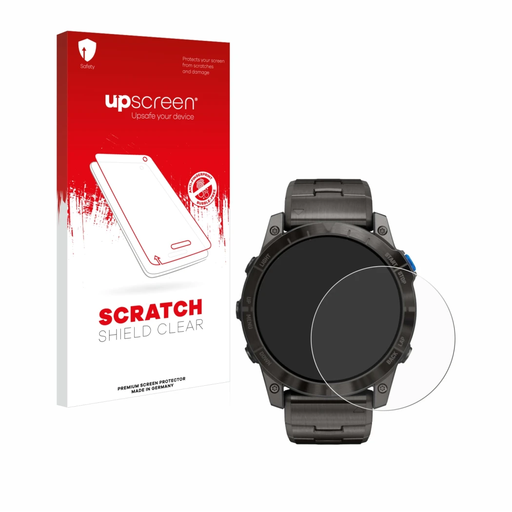 Face avant d’un emballage produit avec le logo de la marque upscreen. À côté, l’appareil Garmin D2 Mach1 Pro est représenté av