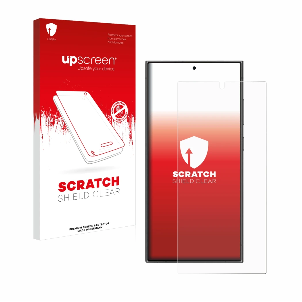 Face avant d’un emballage produit avec le logo de la marque upscreen. À côté, l’appareil Samsung Galaxy S24 Ultra (case-friend