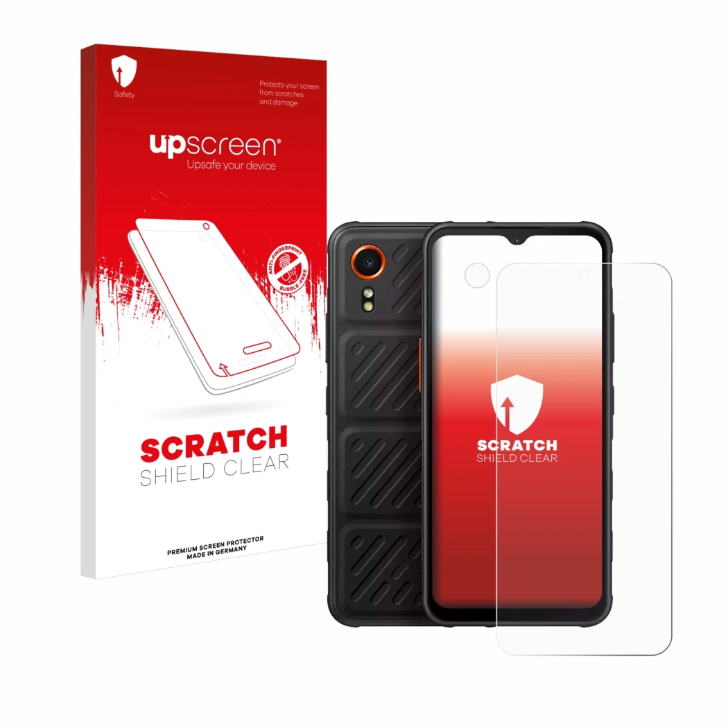 Face avant d’un emballage produit avec le logo de la marque upscreen. À côté, l’appareil Samsung Galaxy XCover 7 (Avant+Caméra