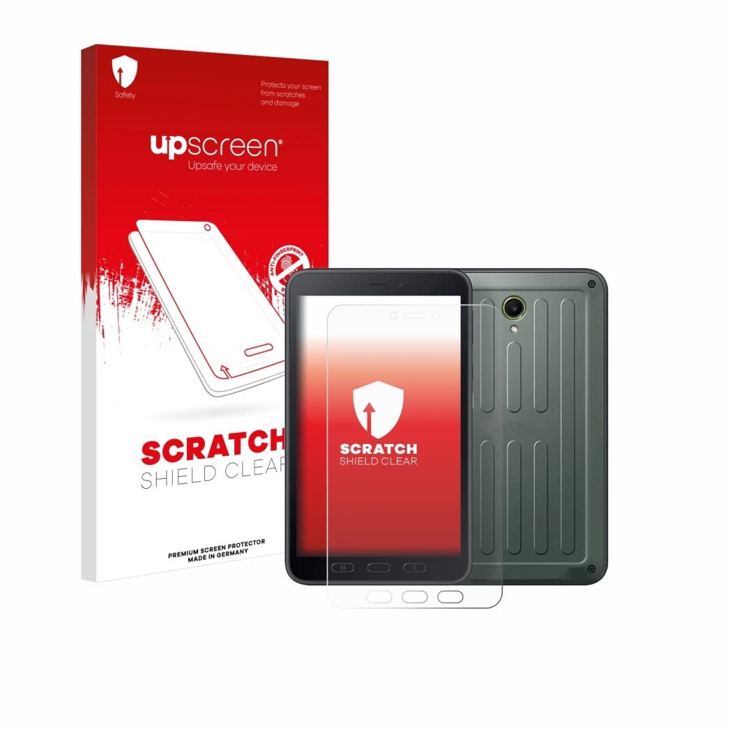 Face avant d’un emballage produit avec le logo de la marque upscreen. À côté, l’appareil Samsung Galaxy Tab Active 5 (portrait