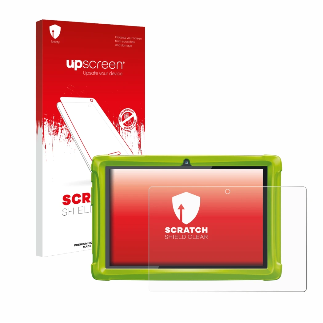 Face avant d’un emballage produit avec le logo de la marque upscreen. À côté, l’appareil Clementoni Clempad 10 est représenté 