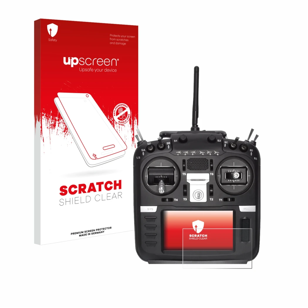 Face avant d’un emballage produit avec le logo de la marque upscreen. À côté, l’appareil Radiomaster TX16S Mark II est représe