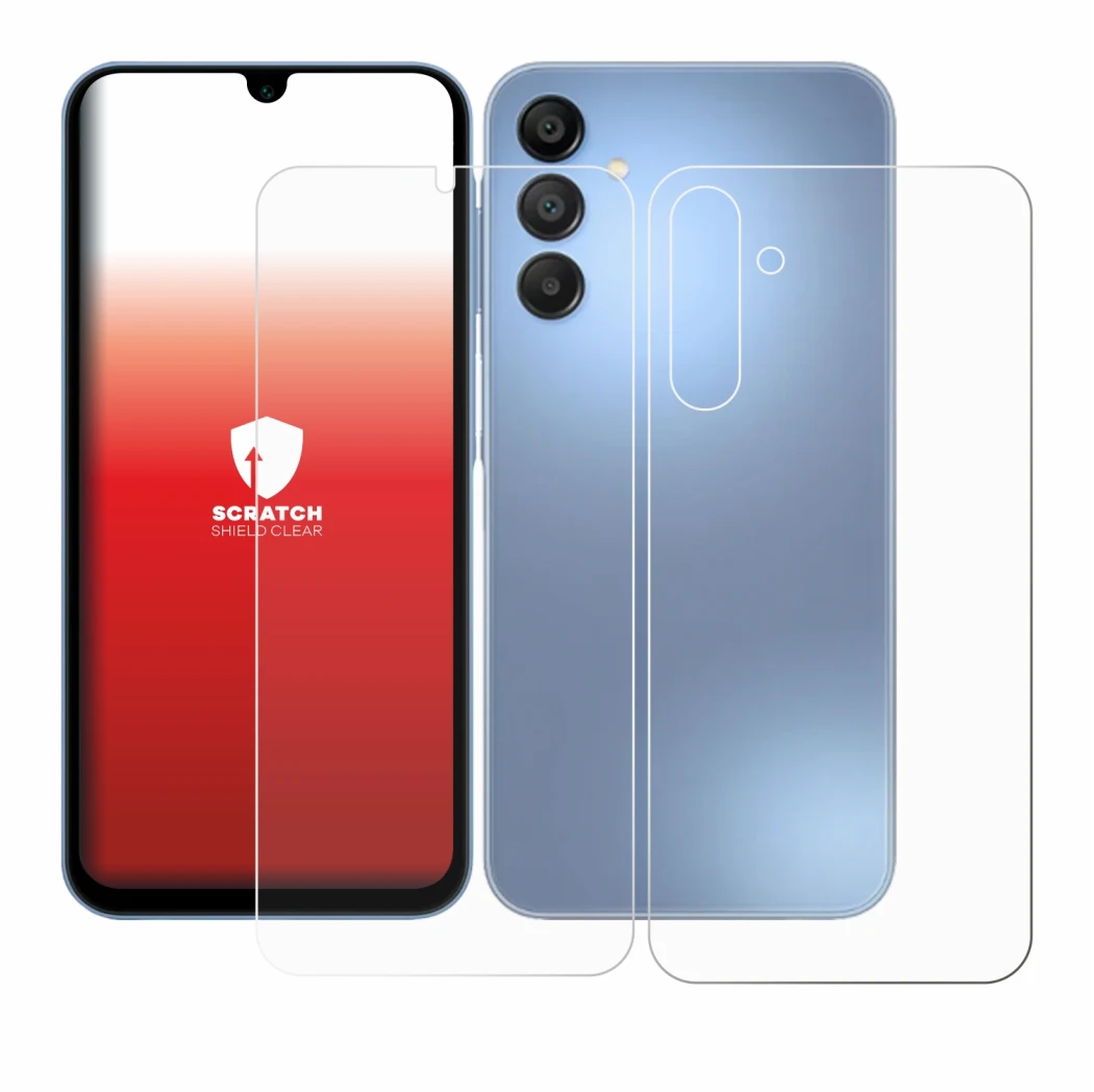 Image de l'appareil Samsung Galaxy A15 (Avant+Arrière) avec une grande variété de protections d'écran.