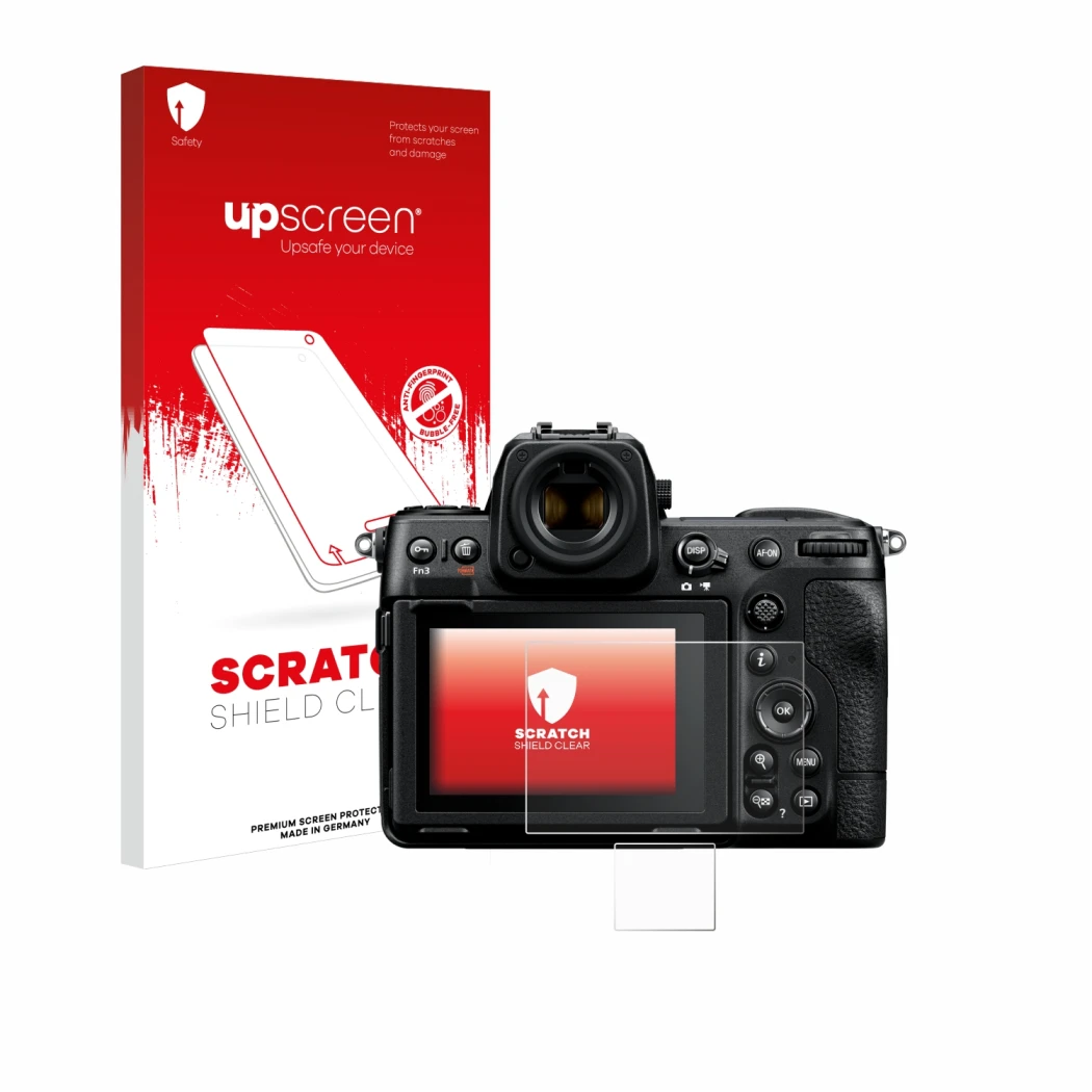 Face avant d’un emballage produit avec le logo de la marque upscreen. À côté, l’appareil Nikon Z 8 (Affichage + affichage des 