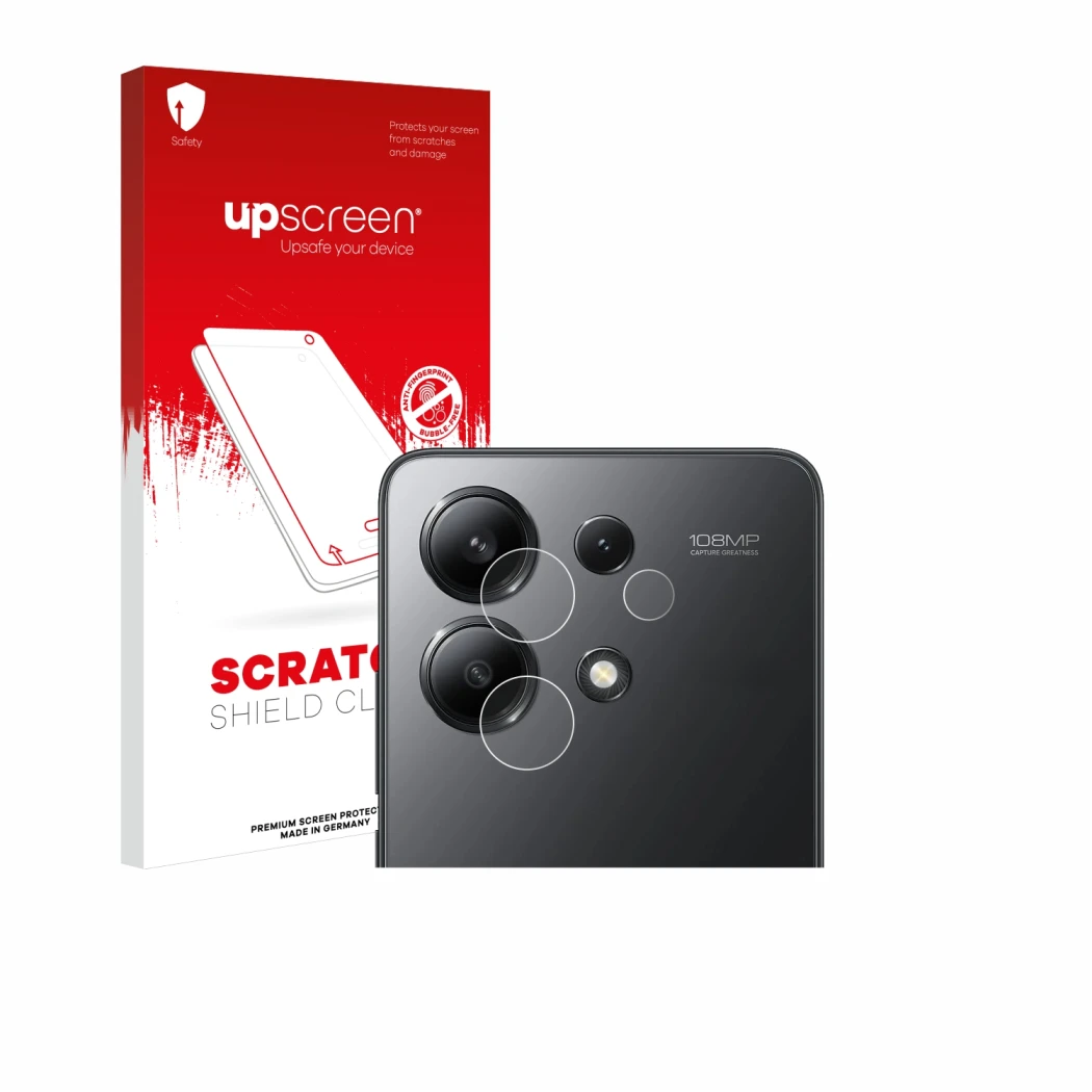 Face avant d’un emballage produit avec le logo de la marque upscreen. À côté, l’appareil Xiaomi Redmi Note 13 (Caméra UNIQUEME