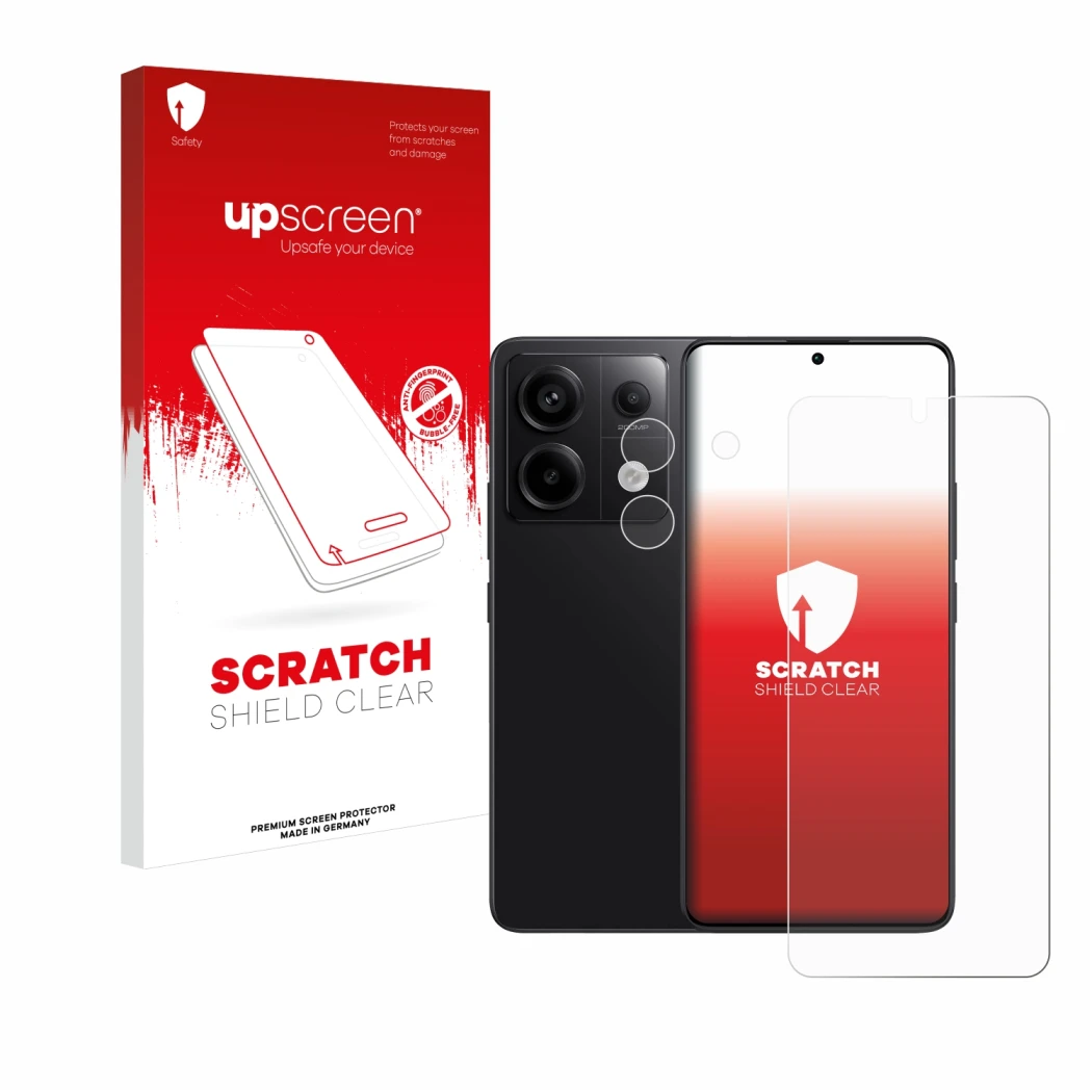 Face avant d’un emballage produit avec le logo de la marque upscreen. À côté, l’appareil Xiaomi Redmi Note 13 Pro 5G (Avant+Ca