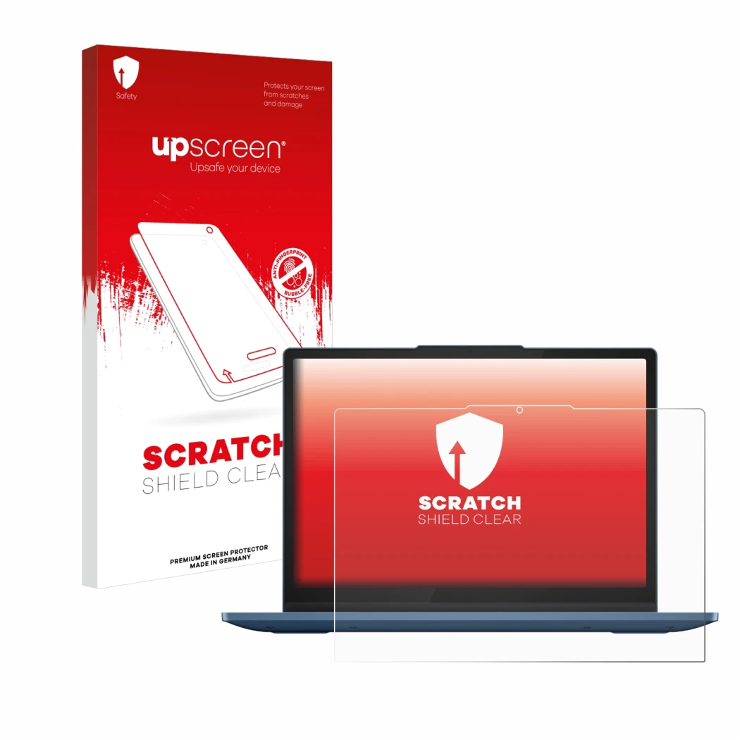 Face avant d’un emballage produit avec le logo de la marque upscreen. À côté, l’appareil Lenovo IdeaPad Flex 3 Chrome 12IAN8 e