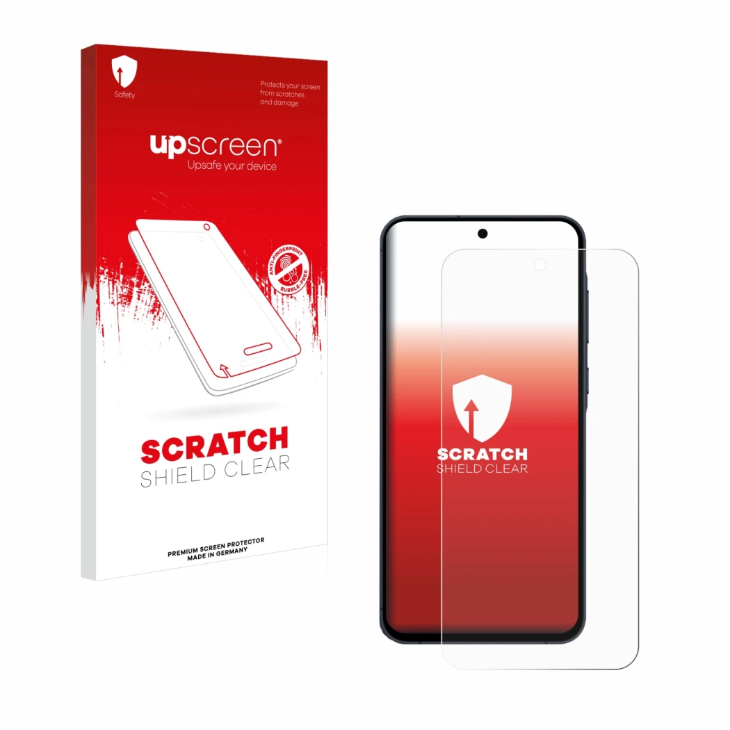 Face avant d’un emballage produit avec le logo de la marque upscreen. À côté, l’appareil Samsung Galaxy A55 5G est représenté 