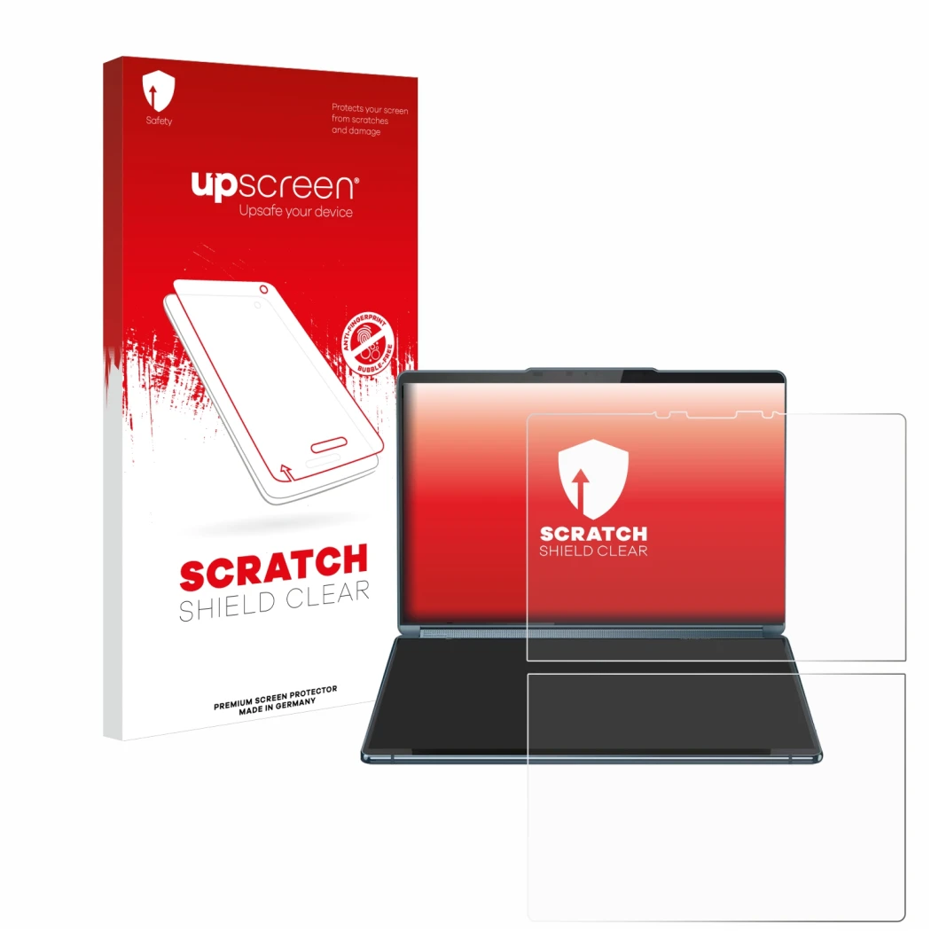 Face avant d’un emballage produit avec le logo de la marque upscreen. À côté, l’appareil Lenovo Yoga Book 9i Gen 9 est représe
