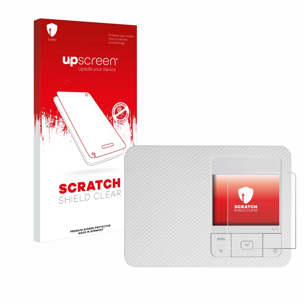Face avant d’un emballage produit avec le logo de la marque upscreen. À côté, l’appareil Canon Selphy CP1500 est représenté av
