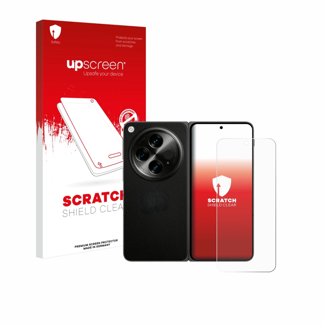 Face avant d’un emballage produit avec le logo de la marque upscreen. À côté, l’appareil OnePlus Open (case-friendly) est repr