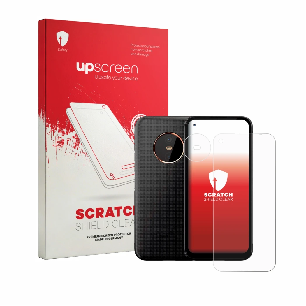 Face avant d’un emballage produit avec le logo de la marque upscreen. À côté, l’appareil Gigaset GX6 Pro (Avant+Caméra) est re
