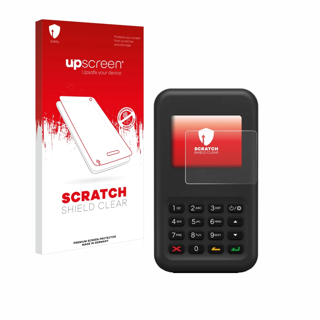 Face avant d’un emballage produit avec le logo de la marque upscreen. À côté, l’appareil Shopify WisePad 3 est représenté avec