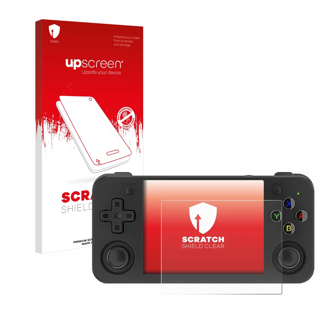 Face avant d’un emballage produit avec le logo de la marque upscreen. À côté, l’appareil Anbernic RG35XX H est représenté avec