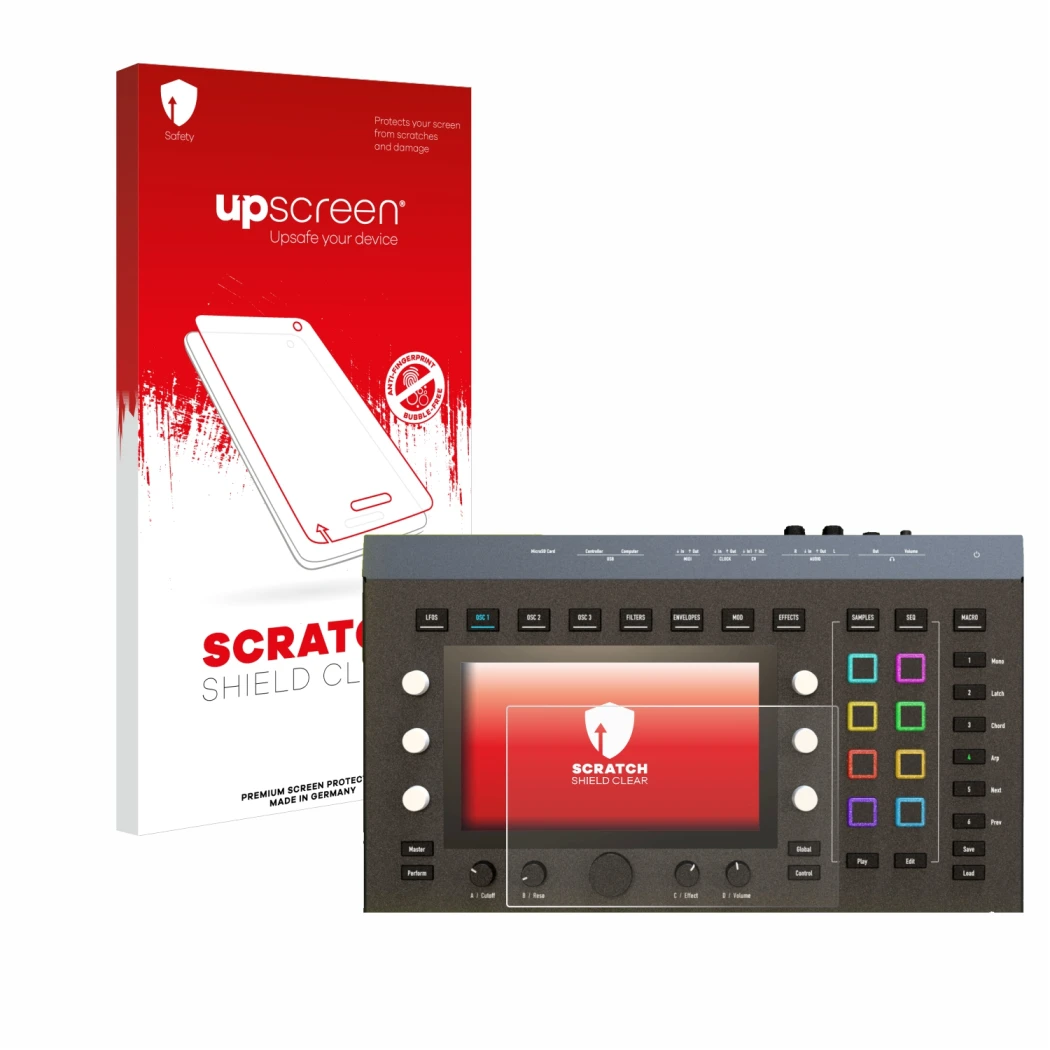 Face avant d’un emballage produit avec le logo de la marque upscreen. À côté, l’appareil Waldorf Iridium Core est représenté a