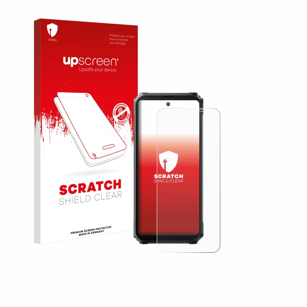 Face avant d’un emballage produit avec le logo de la marque upscreen. À côté, l’appareil Blackview BL8000 5G est représenté av
