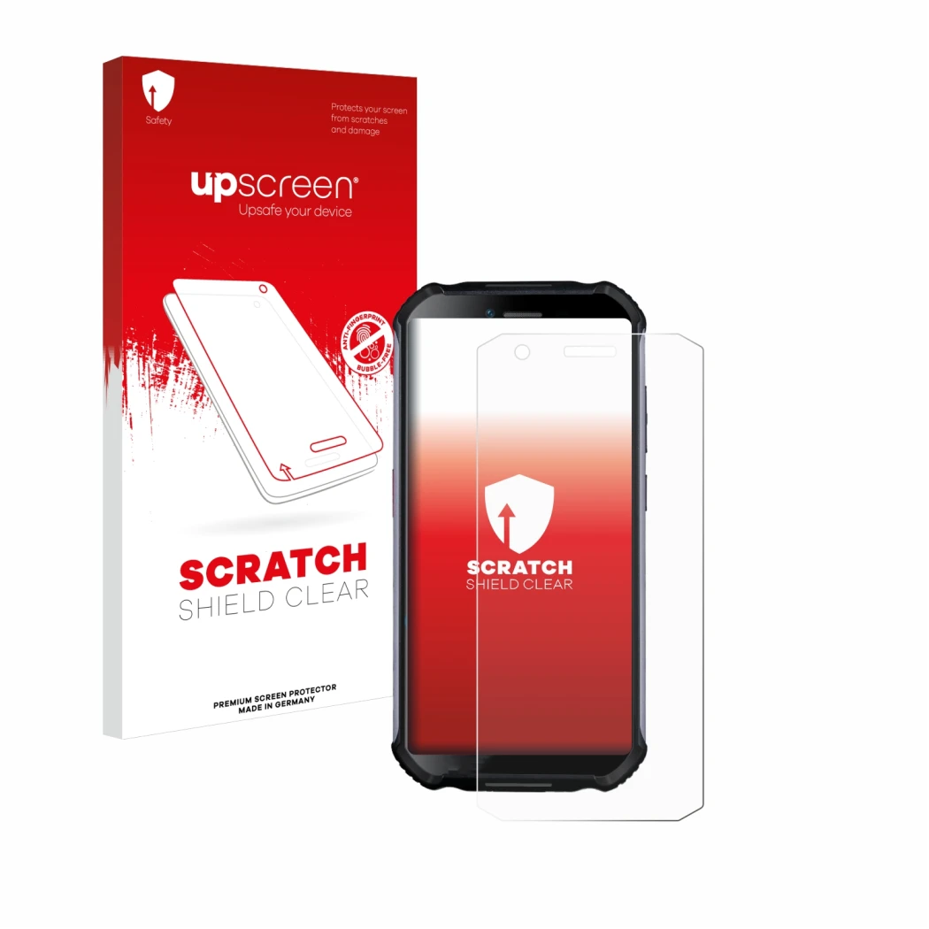 Face avant d’un emballage produit avec le logo de la marque upscreen. À côté, l’appareil Doogee S41 Plus est représenté avec l