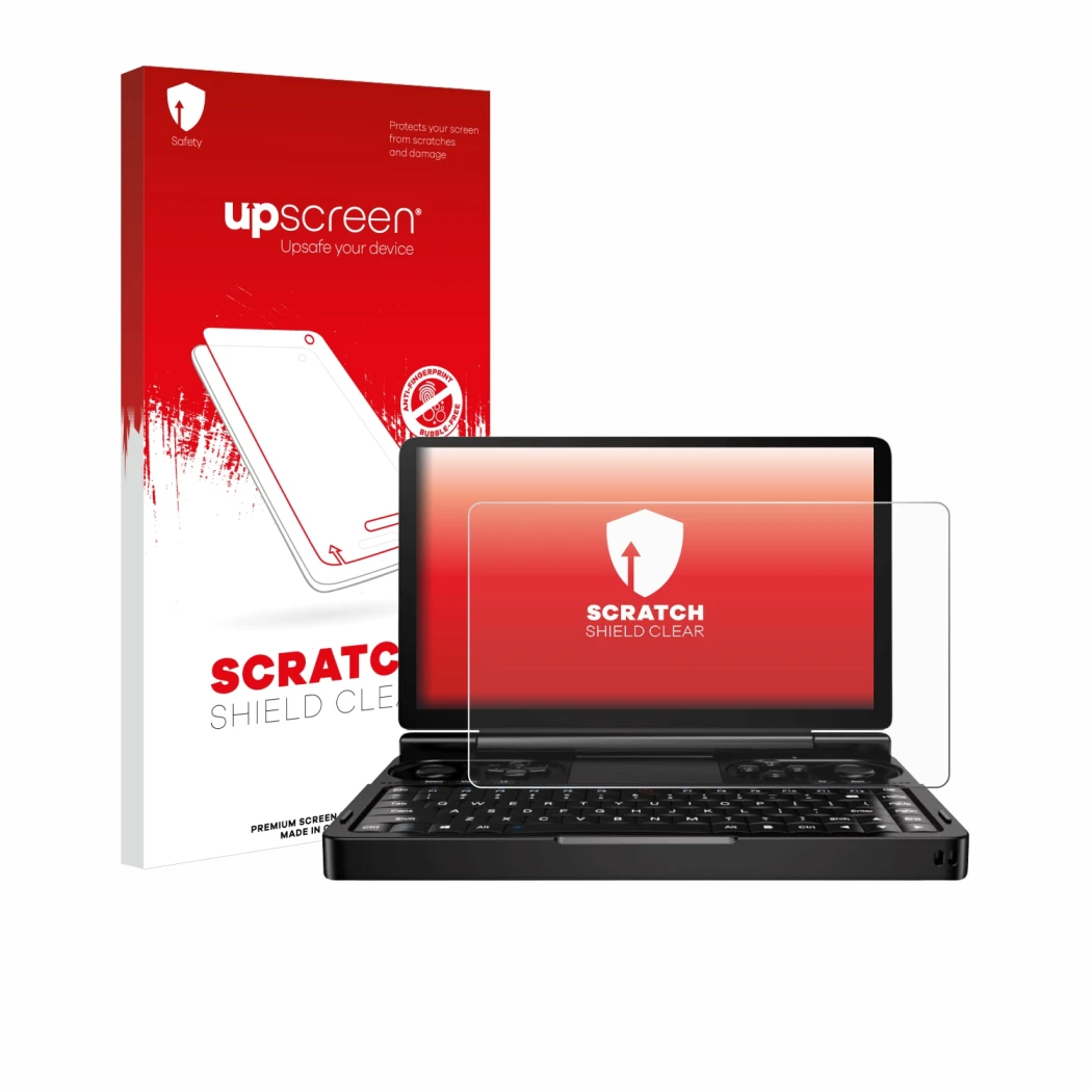 Face avant d’un emballage produit avec le logo de la marque upscreen. À côté, l’appareil GPD Win Mini (2024) est représenté av