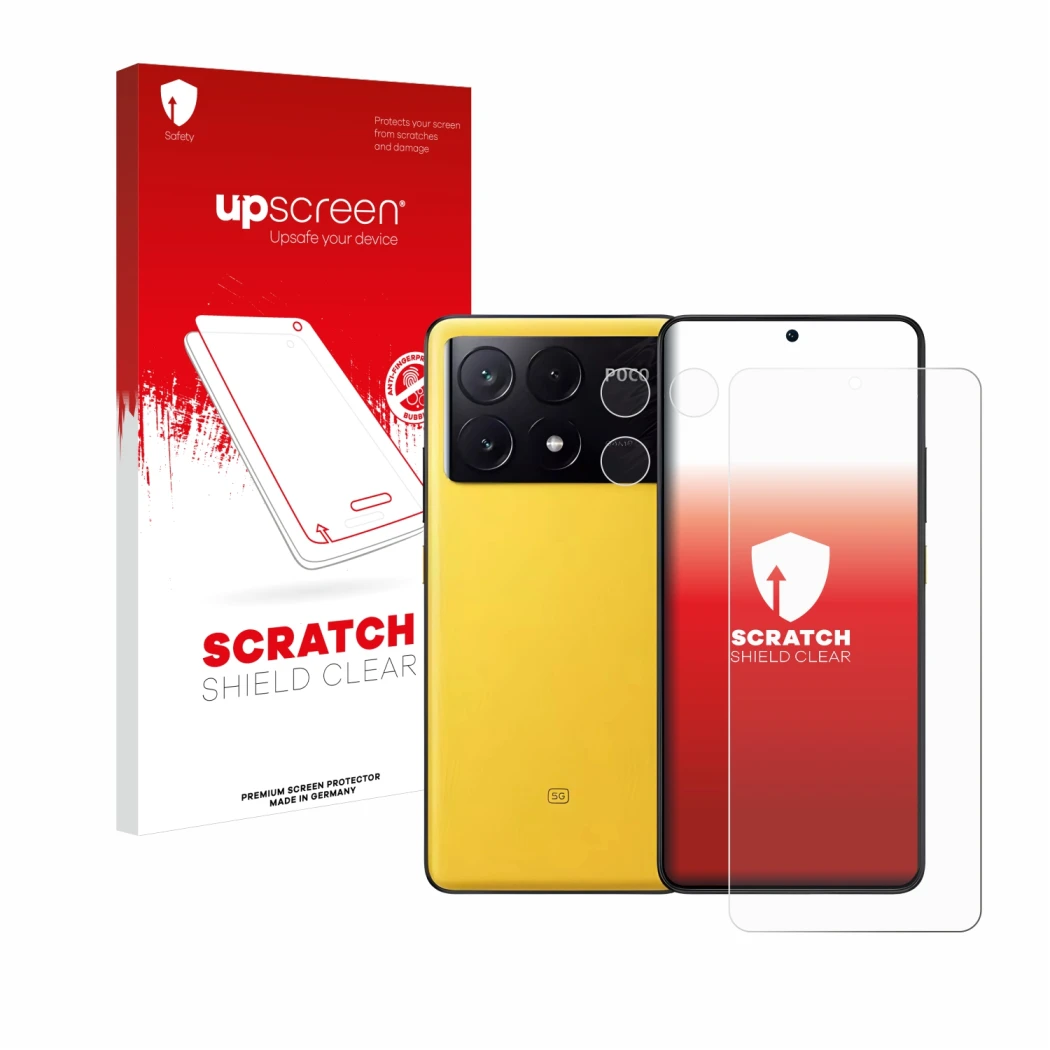 Face avant d’un emballage produit avec le logo de la marque upscreen. À côté, l’appareil Xiaomi Poco X6 Pro (Avant+Caméra) est