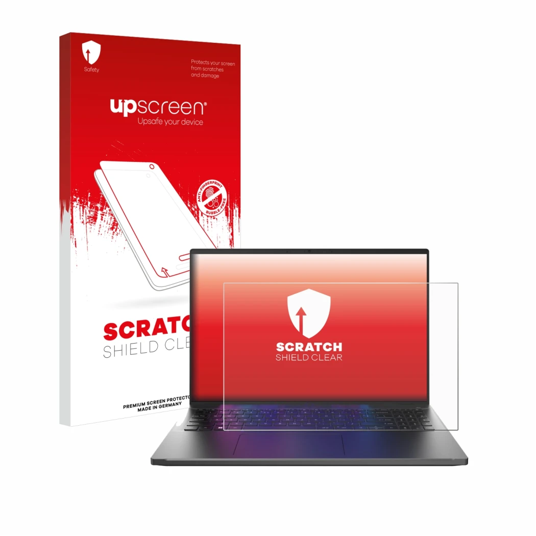Face avant d’un emballage produit avec le logo de la marque upscreen. À côté, l’appareil Acer Swift Go 16 est représenté avec