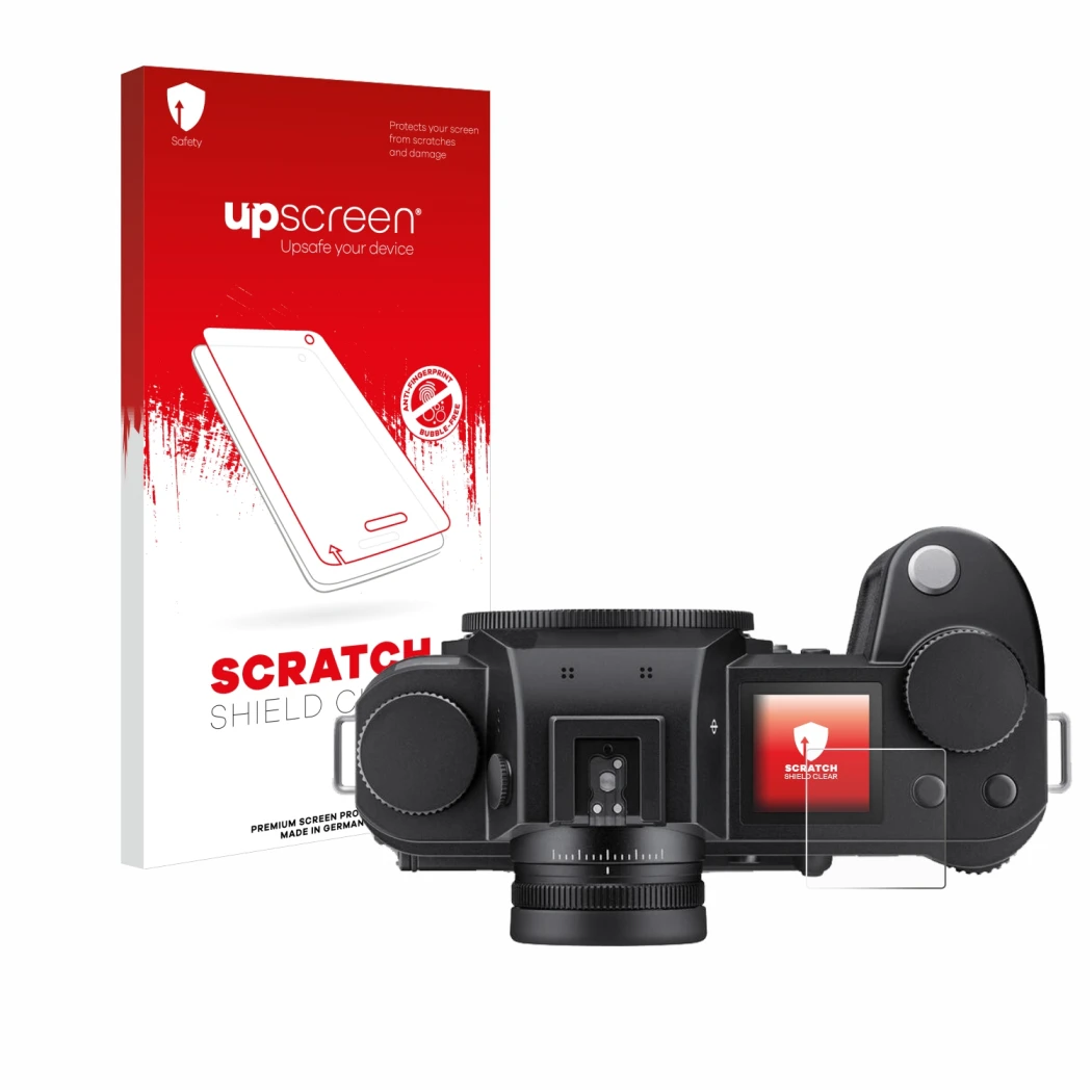 Face avant d’un emballage produit avec le logo de la marque upscreen. À côté, l’appareil Leica SL3 (affichage des épaules) est