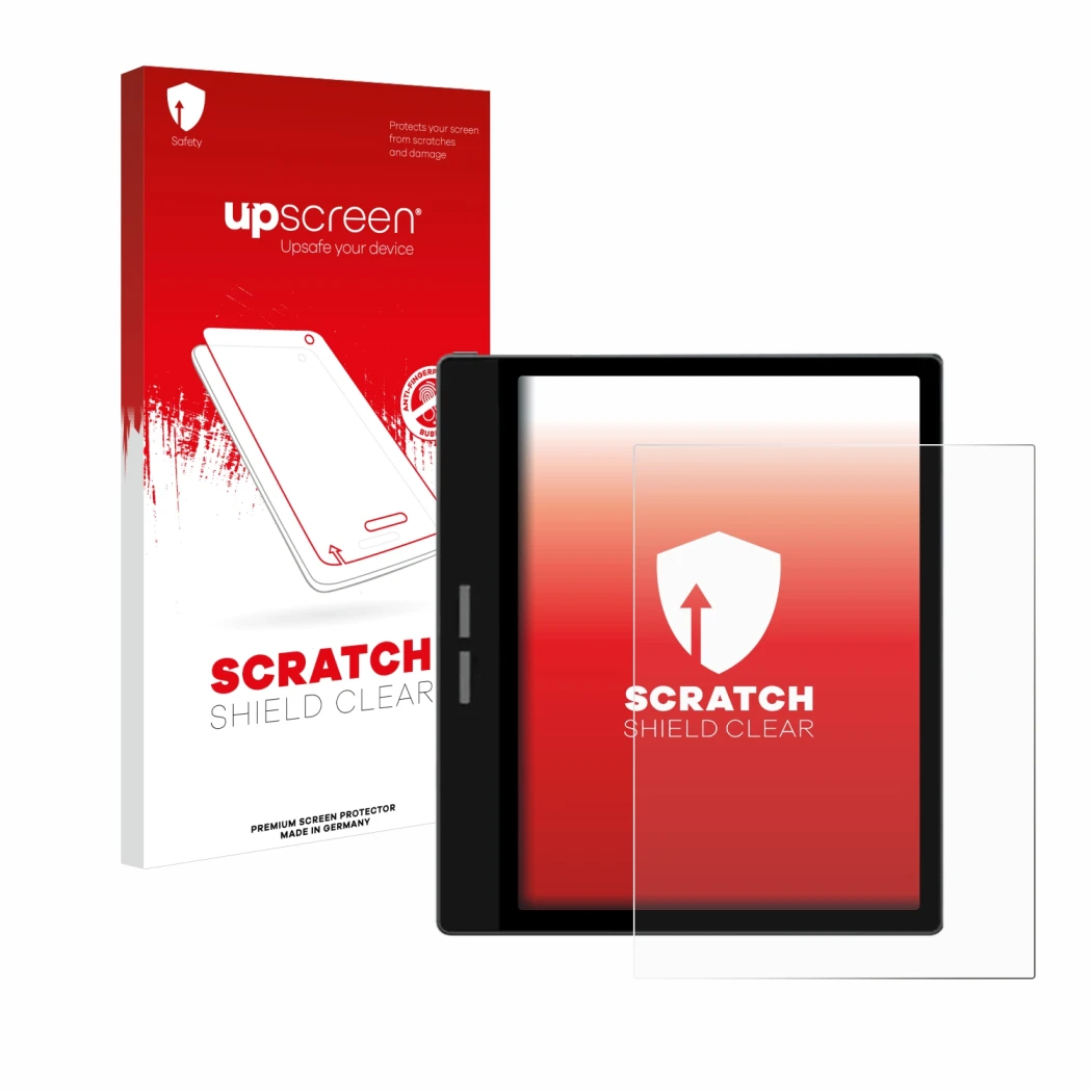 Face avant d’un emballage produit avec le logo de la marque upscreen. À côté, l’appareil Bigme B751C est représenté avec la pr