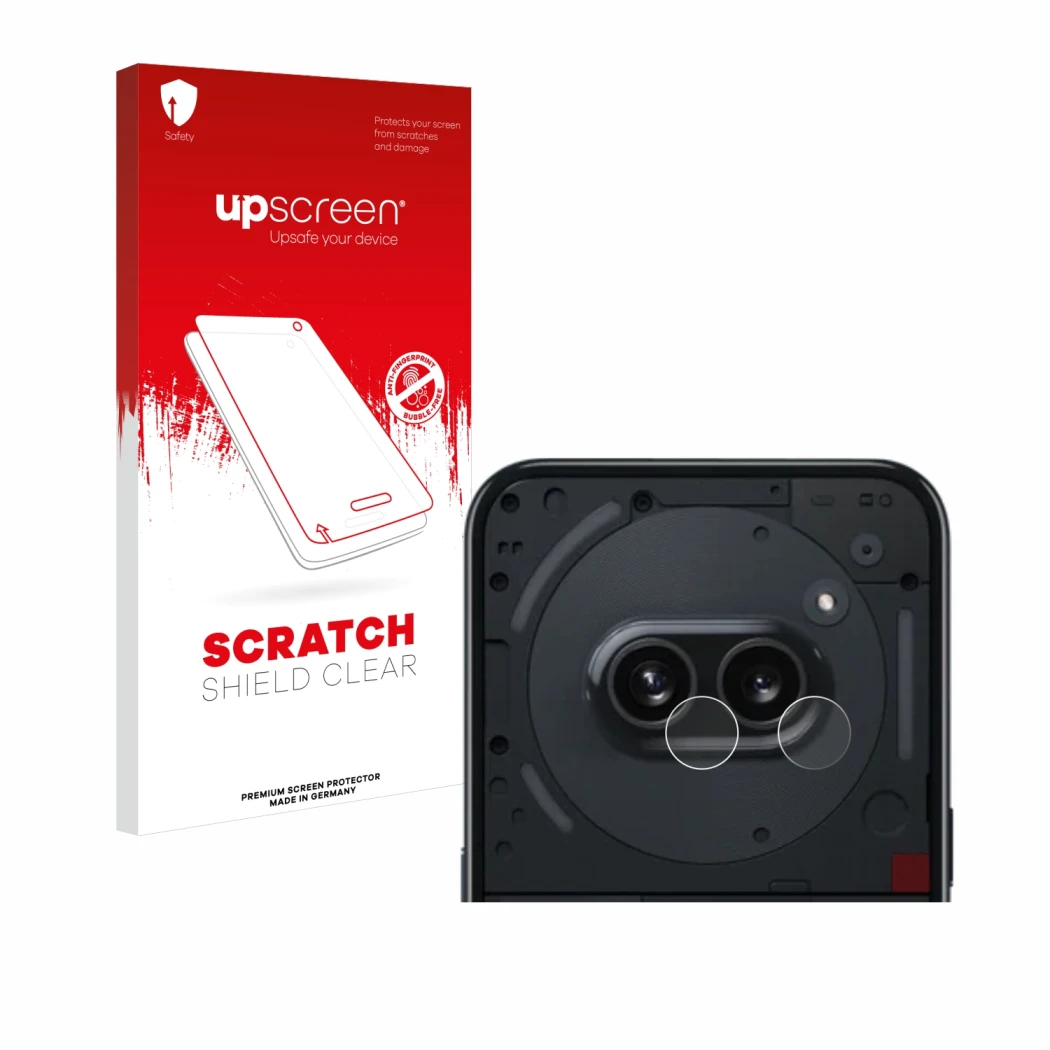 Face avant d’un emballage produit avec le logo de la marque upscreen. À côté, l’appareil Nothing Phone (2a) (Caméra UNIQUEMENT