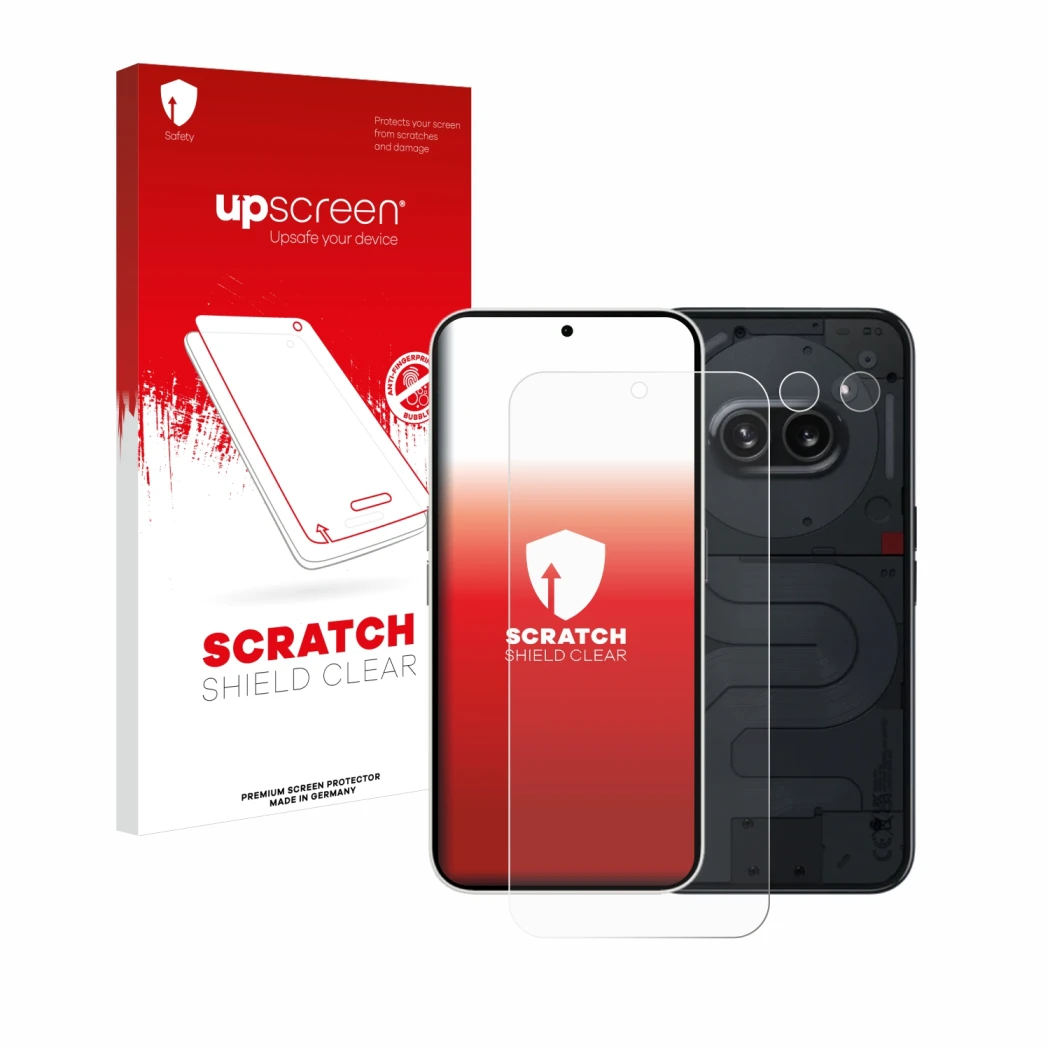 Face avant d’un emballage produit avec le logo de la marque upscreen. À côté, l’appareil Nothing Phone (2a) (Avant+Caméra) est