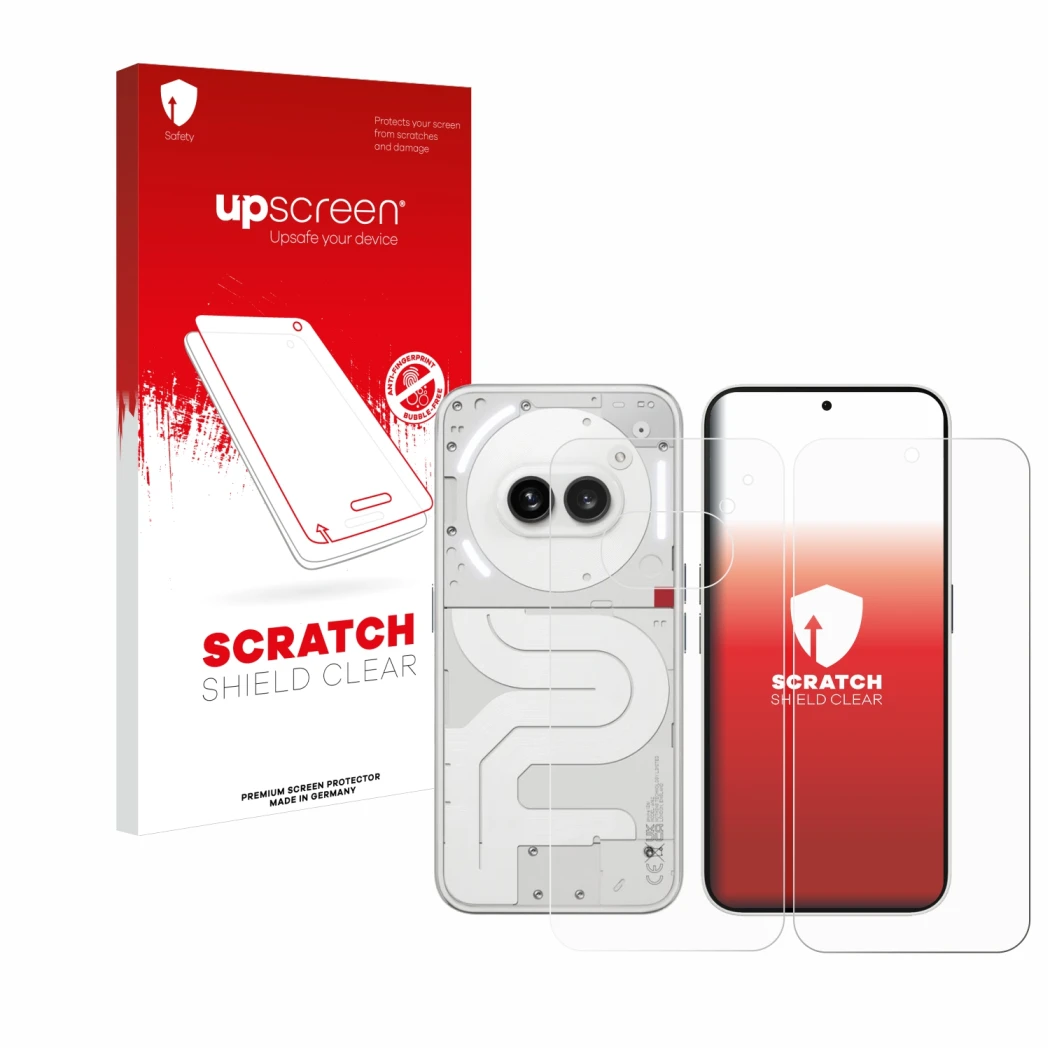 Face avant d’un emballage produit avec le logo de la marque upscreen. À côté, l’appareil Nothing Phone (2a) (Avant+Arrière) es