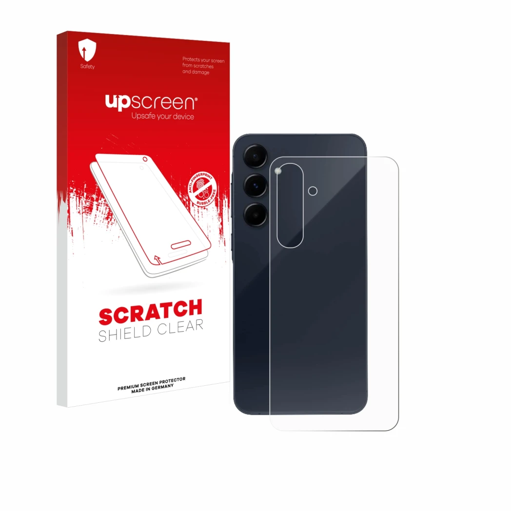 Face avant d’un emballage produit avec le logo de la marque upscreen. À côté, l’appareil Samsung Galaxy A55 5G (Arrière) est r