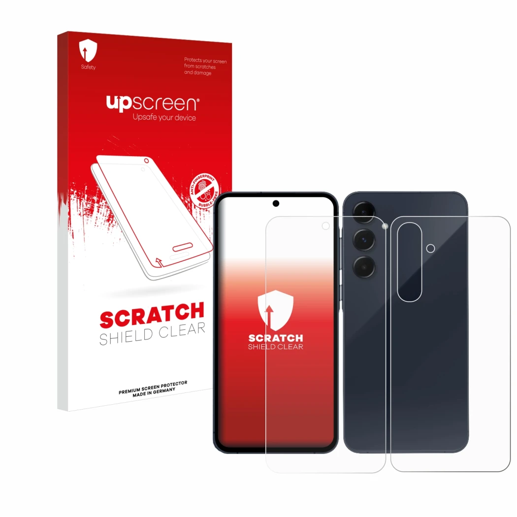 Face avant d’un emballage produit avec le logo de la marque upscreen. À côté, l’appareil Samsung Galaxy A55 5G (Avant+Arrière)