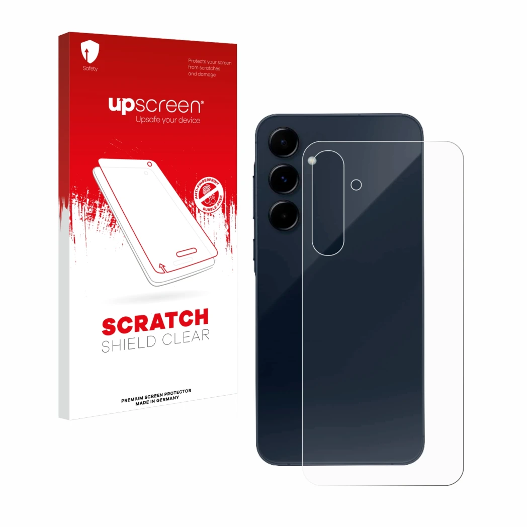 Face avant d’un emballage produit avec le logo de la marque upscreen. À côté, l’appareil Samsung Galaxy A35 5G (Arrière) est r