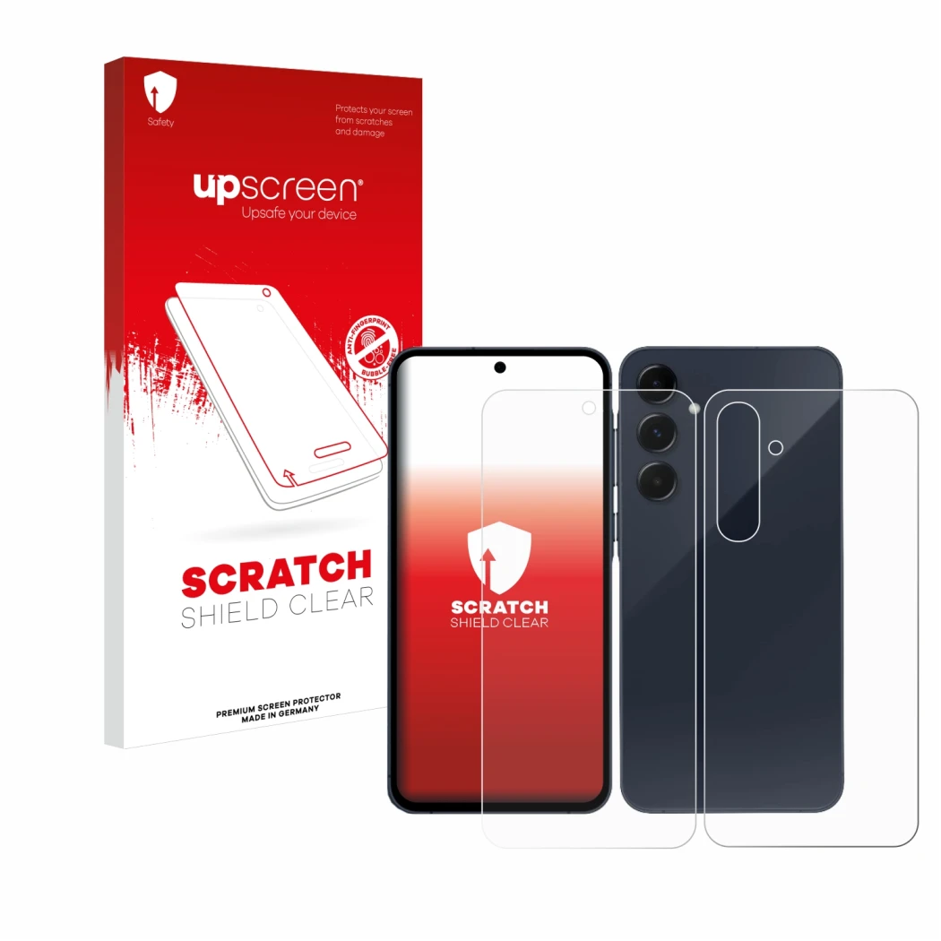 Face avant d’un emballage produit avec le logo de la marque upscreen. À côté, l’appareil Samsung Galaxy A35 5G (Avant+Arrière)