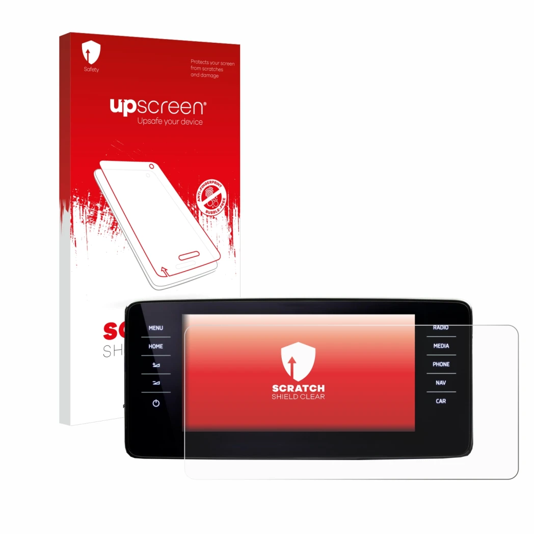 Face avant d’un emballage produit avec le logo de la marque upscreen. À côté, l’appareil Skoda Kamiq 2021 est représenté avec 