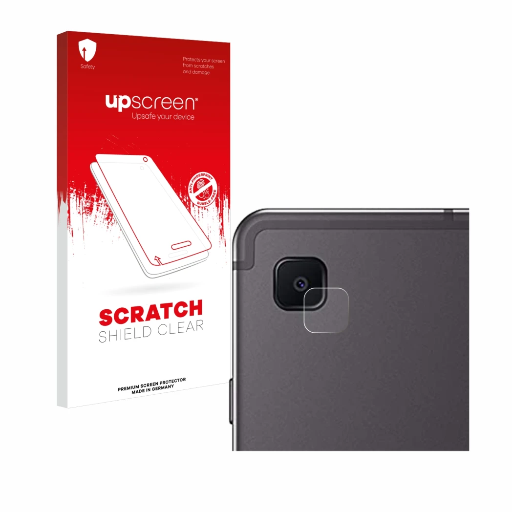 Face avant d’un emballage produit avec le logo de la marque upscreen. À côté, l’appareil Samsung Galaxy Tab S6 Lite WiFi 2024 