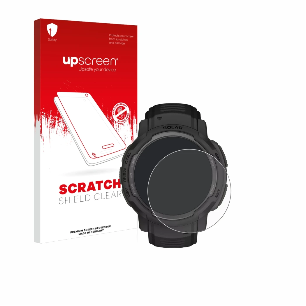 Face avant d’un emballage produit avec le logo de la marque upscreen. À côté, l’appareil Garmin Instinct Crossover Solar est r