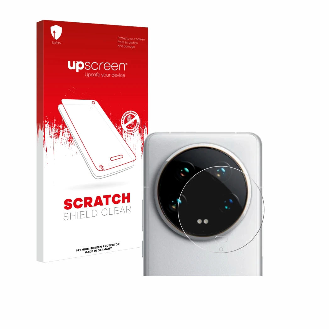 Face avant d’un emballage produit avec le logo de la marque upscreen. À côté, l’appareil Xiaomi 14 Ultra (Caméra UNIQUEMENT) e