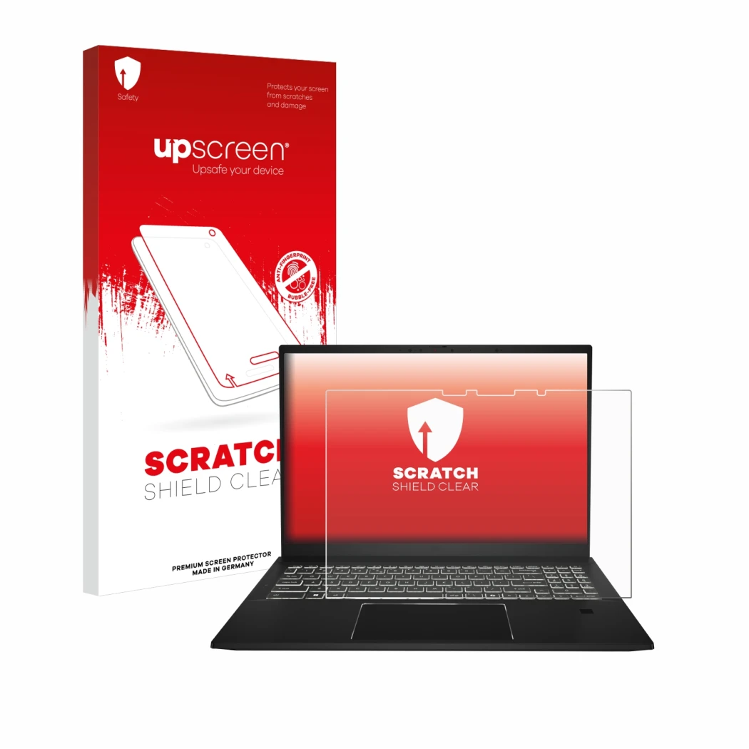 Face avant d’un emballage produit avec le logo de la marque upscreen. À côté, l’appareil MSI Summit E16 AI Studio est représen