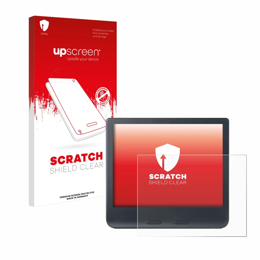 Face avant d’un emballage produit avec le logo de la marque upscreen. À côté, l’appareil Kobo Libra Colour 2024 est représenté
