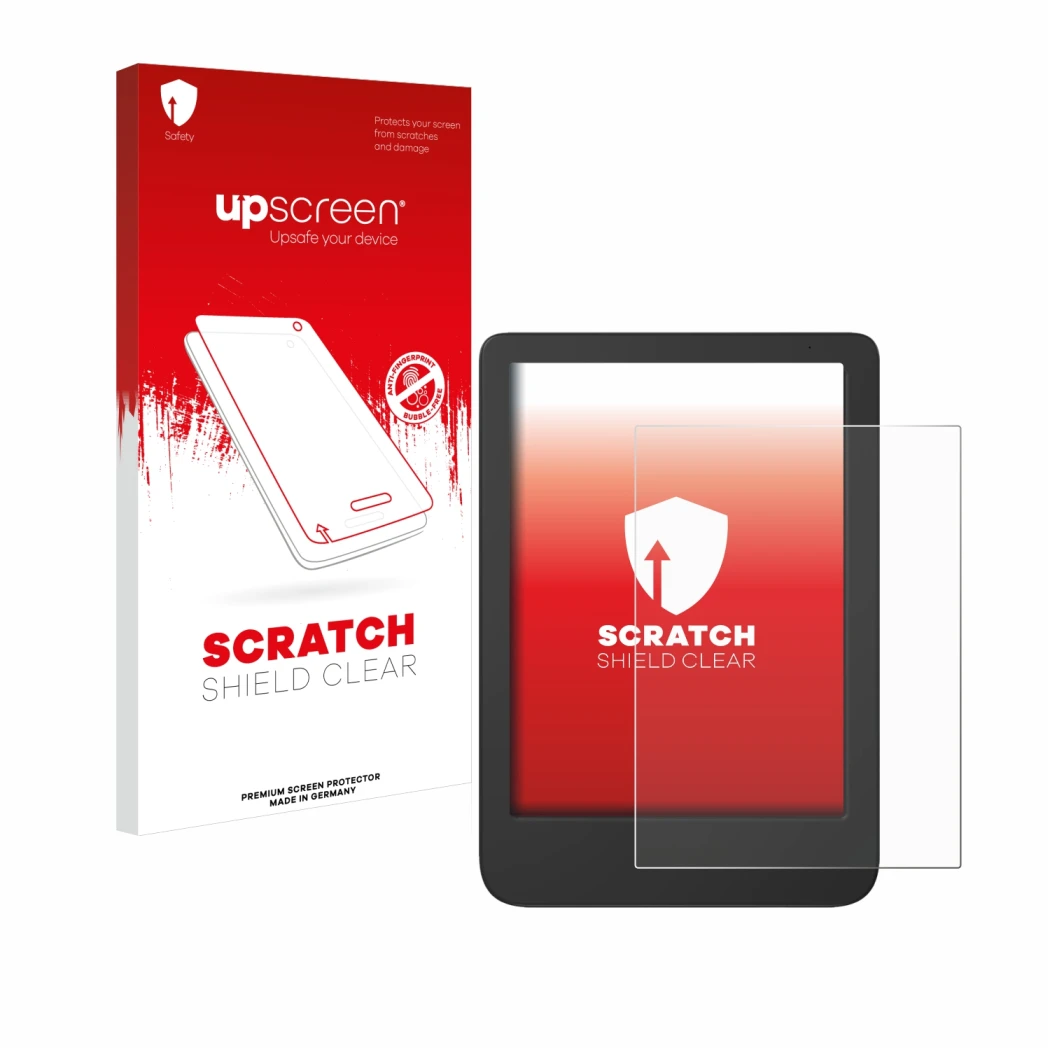 Face avant d’un emballage produit avec le logo de la marque upscreen. À côté, l’appareil Tolino Shine 5 Color 2024 est représe