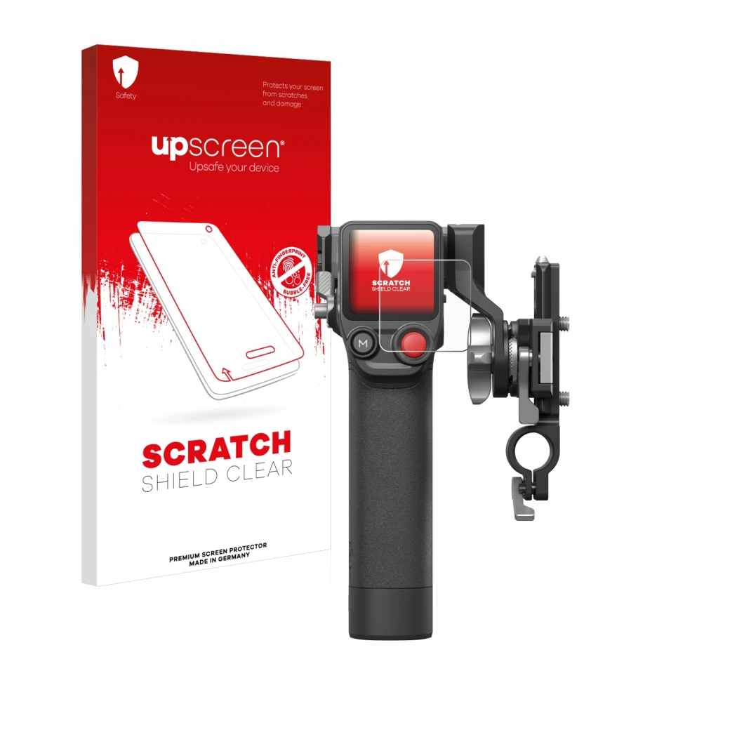 Face avant d’un emballage produit avec le logo de la marque upscreen. À côté, l’appareil DJI Focus Pro- Grip est représenté av