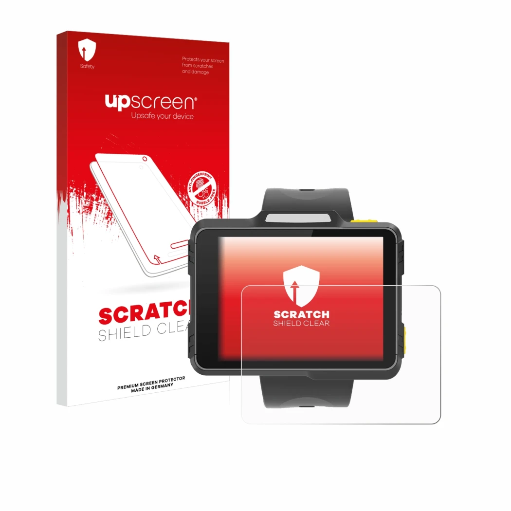 Face avant d’un emballage produit avec le logo de la marque upscreen. À côté, l’appareil Newland WD1 est représenté avec la pr