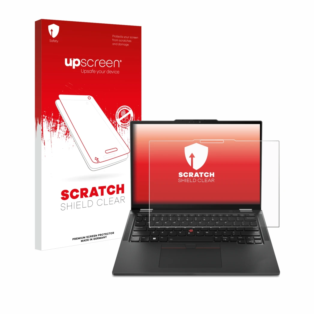 Face avant d’un emballage produit avec le logo de la marque upscreen. À côté, l’appareil Lenovo ThinkPad X13 2-in-1 Gen 5 est