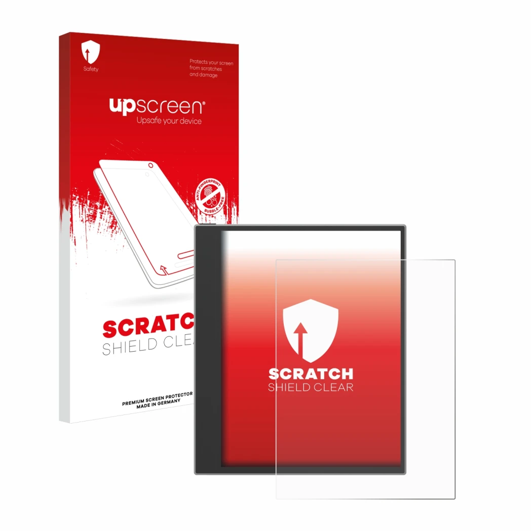 Face avant d’un emballage produit avec le logo de la marque upscreen. À côté, l’appareil PocketBook InkPad Eo (2024) est repré